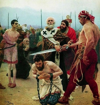Репин И.Е. Николай Мирликийский избавляет от смерти трёх невинно осуждённых, 1888.